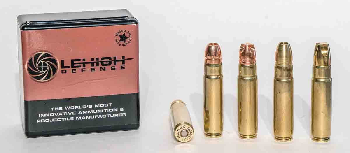 A variety of .50-caliber bullets can be used for the .500 Cyrus, but most are built for the .500 Smith & Wesson pistol cartridge. For bullets that will stand up to .500 Cyrus velocities, Lehigh Defense has several options.